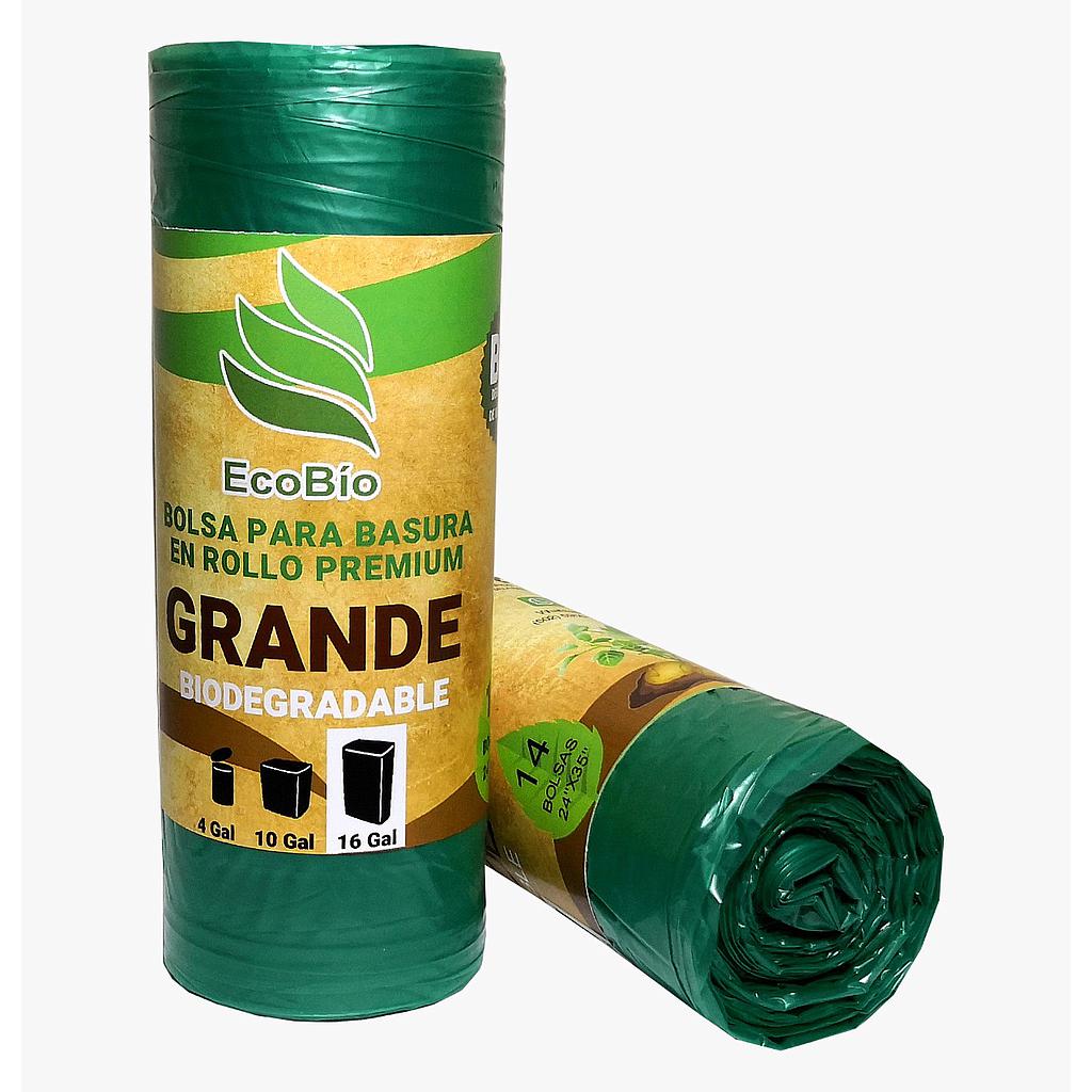 BOLSA ECO BIODEGRADABLE COLOR VERDE EN BOLSI ROLLO 14u GR (16 galones) 24x35